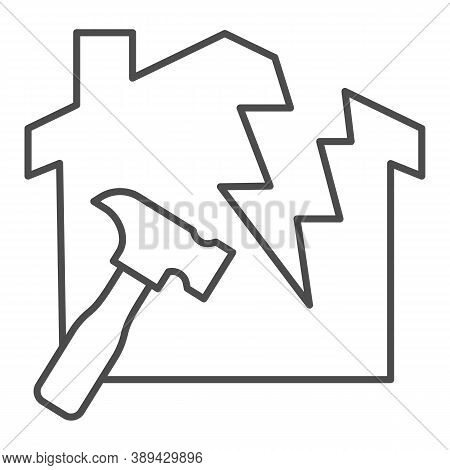 House With A Crack And Hammer Thin Line Icon, House Repair Concept, Reconstruction Sign On White Bac