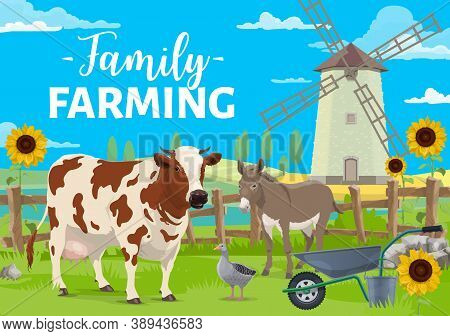 Family Farming. Farm Animals On Rural Landscape With Windmill, Crops And Sunflowers Field. Farmers C