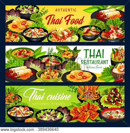 Thai Cuisine Vector Beef Salad, Ginger Soup With Sea Bass And Chicken Noodles, Chicken Pieces With C