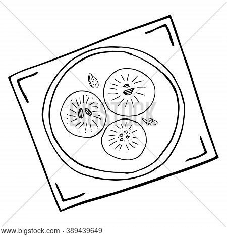 Traditional Indian Sweets Sandesh On A Plate Sketch Hand Drawn Vector Doodle Icon, Monochrome, Minim