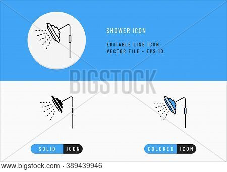 Shower Icons Set Editable Stroke Vector Illustration. Showering Bathroom Spray Concept. Icon Line St