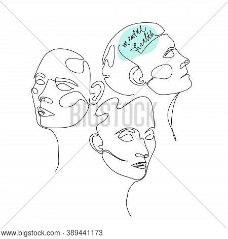 Mental Health For Women. One Line Drawing Of Three Human Heads With Quote In Brain. Vector Illustrat