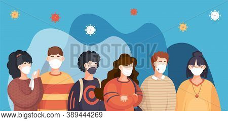 Covid-19, Crowd Of People In Respiratory Medical Mask, Flying Virus Pathogen Around. Spreading Virus