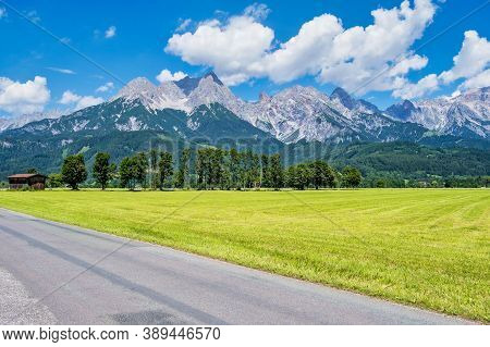 Autumnal Landscape In The Austrian Alps In The Region Of Saalfelden, District Zell Am See In Salzbur