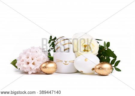Painted Easter Eggs With Metallic Golden And White Stripes And Dots And Cute Easter Egg Cup In Shape