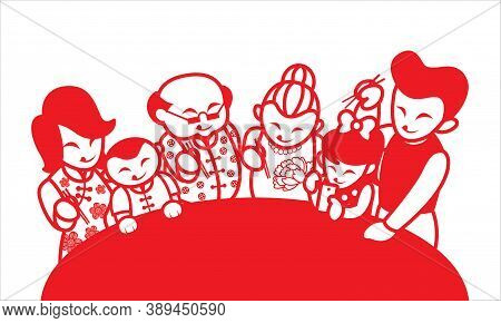 An Oriental Family Enjoying Their Food. Artwork Presented With Traditional Paper Cutting Style.