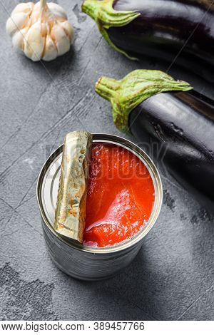 Tomatoe Sauce Canned Ingredients Eggplant Pasta, Pepper Tomatoe Sauce, On Grey Background Side View