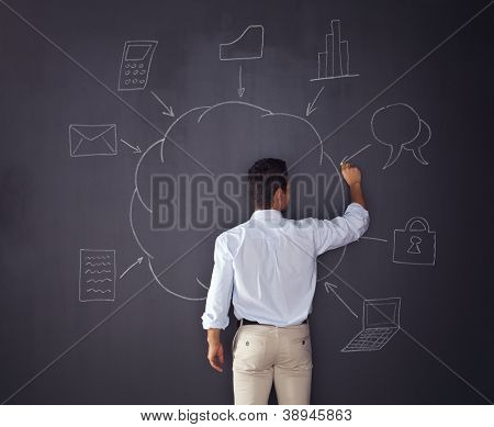 Businessman writing a cloud computing diagram on the chalkboard
