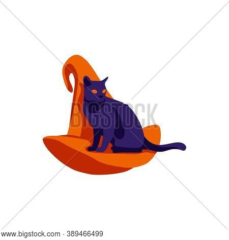 Black Witch Hat Decorated With Cat. Halloween Costume Design Element, Wizard Pointed Cap. Happy Hall