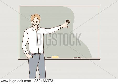 Education, Training, Explanation, Lecture Concept. Young Hapy Smiling Man Guy Student Teacher Lectur