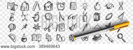 School Doodle Set. Collection Of Hand Drawn Sketches Patterns Templates Of Classroom Equipment Books