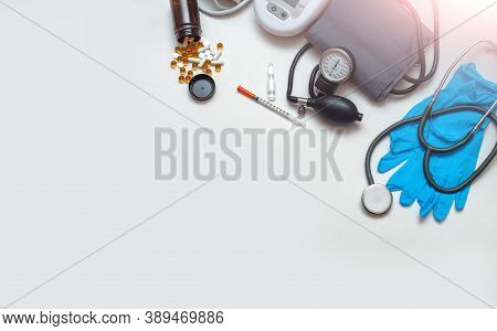 Different Medical Objects On White Background. Health Care. Top View. Place For Text. Copy Space. Ba