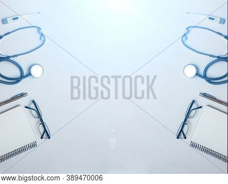 Stethoscope, Tonometer, Thermometer And Doctors Notebook On White Background. Concept Of First Need 