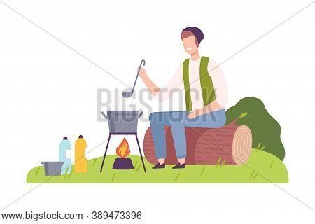 Man Camper Sitting On Log At Campsite And Boiling Soup In Caldron Vector Illustration