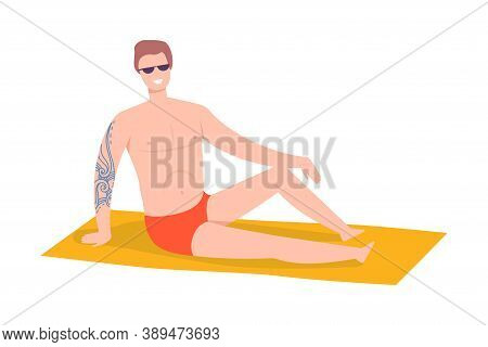 Tattooed Man In Sunglasses And Swimming Trunks Sitting On Towel At Seaside Vector Illustration