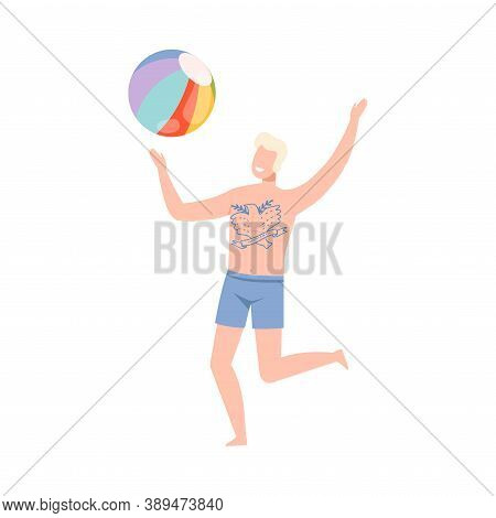 Tattooed Young Man In Swimming Trunks Playing Ball On Beach Vector Illustration