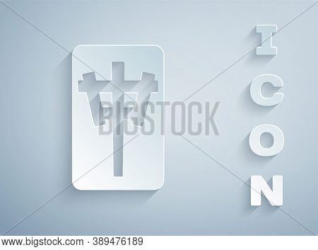 Paper Cut Mahjong Pieces Icon Isolated On Grey Background. Chinese Mahjong Red Dragon Game Emoji. Pa