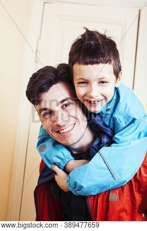 Faher And Son Together Having Fun At Home, Lifestyle Happy Family, People At Home