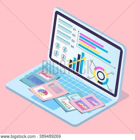 3d Isometric Laptop With Data Analytics, Increase Graphic, Diagram, Chart, Financial Presentation. S