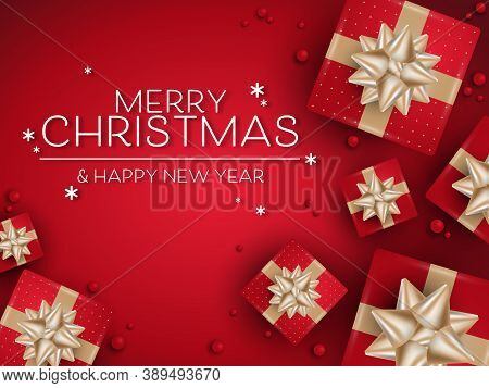 Vector Christmas Holidays Greeting Banner Of Realistic Red Color Gift Boxes With Gold Ribbons And Ti