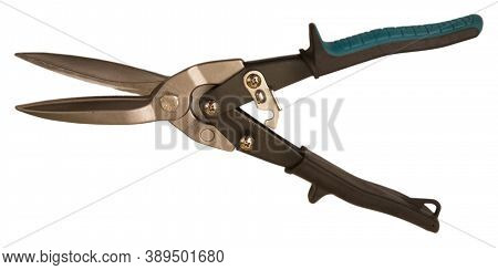Metal Scissors With Rubberized Handles On White Background