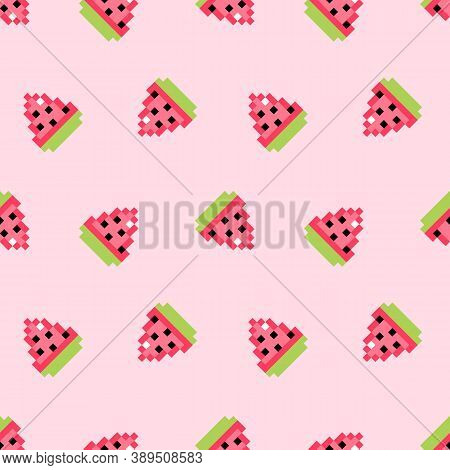 Cute Pink Pixel Watermelon Slices Vector Seamless Pattern Background.