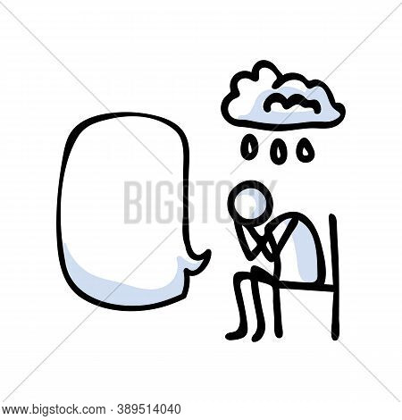 Hand Drawn Stickman Sad Crying Concept With Speech Bubble. Simple Outline Mental Health Doodle Icon 
