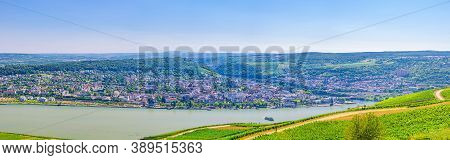 Aerial Panoramic View Of River Rhine Gorge Or Upper Middle Rhine Valley Winemaking Region With Viney