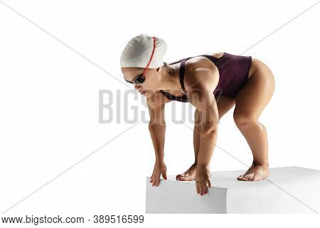 Ready To Action. Beautiful Dwarf Woman Practicing In Swimming Isolated On White Background. Lifestyl