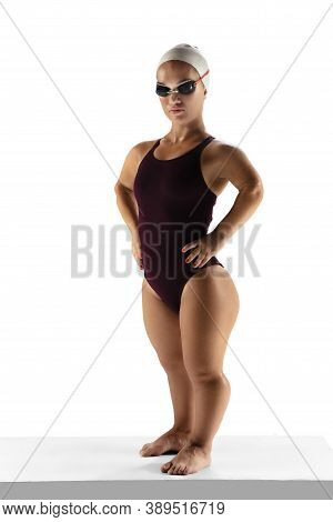 Athlete. Beautiful Dwarf Woman Practicing In Swimming Isolated On White Background. Lifestyle Of Inc