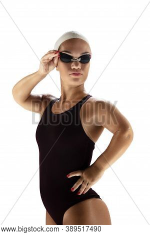 Confidence. Beautiful Dwarf Woman Practicing In Swimming Isolated On White Background. Lifestyle Of 