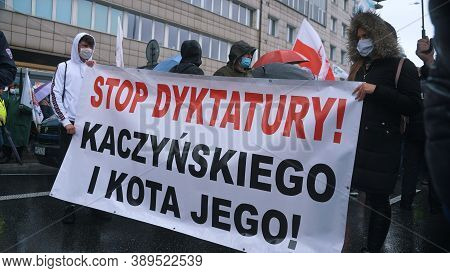 Warsaw, Poland 13.10.2020 - Protest Of The Farmers Stop Kaczynski Dictature Slogan Banner Anti Law A