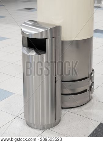 Vandal-proof Steel Trash Can, A Steel Trash Can Installed In A Public Place. Stainless Bin, Trash In