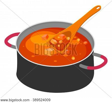 Isolated At White Background Big Steel Pan With Borsch Or Red Beet Soup, Wooden Spoon Or Scoop. Deli
