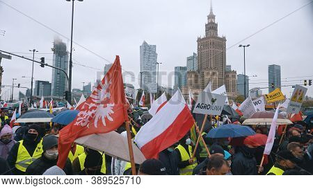 Warsaw, Poland 13.10.2020 - Protest Of The Farmers People With Flags And Banners Marching At Rondo D