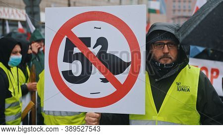 Warsaw, Poland 13.10.2020 - Protest Of The Farmers Man Holding Anti Jaroslaw Kaczynskis Five Law Ban