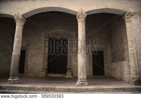 Colonnade In The Ancient Church Of St. Maria Impensole, Narni, Italy. High Quality Photo