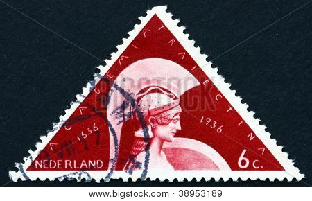 NETHERLANDS - CIRCA 1936: a stamp printed in the Netherlands shows Minerva, 300th Anniversary of Founding of the University at Utrecht, circa 1936