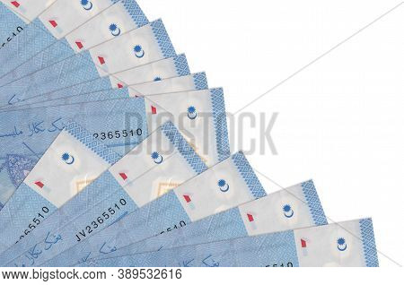 1 Malaysian Ringgit Bills Lies Isolated On White Background With Copy Space Stacked In Fan Close Up