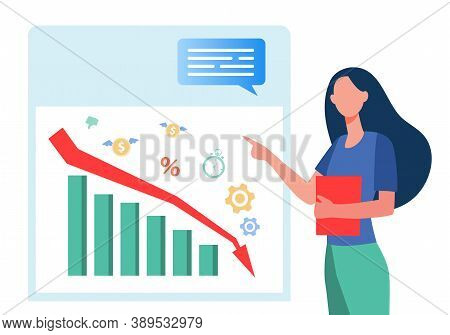 Woman Representing Financial Analysis On Diagram. Decrease, Loss. Flat Vector Illustration. Finance 