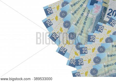 20 Mexican Pesos Bills Lies Isolated On White Background With Copy Space. Rich Life Conceptual Backg