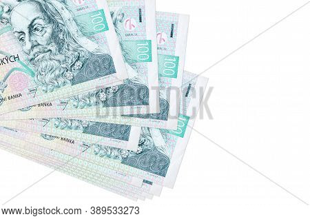 100 Czech Korun Bills Lies In Small Bunch Or Pack Isolated On White. Mockup With Copy Space. Busines