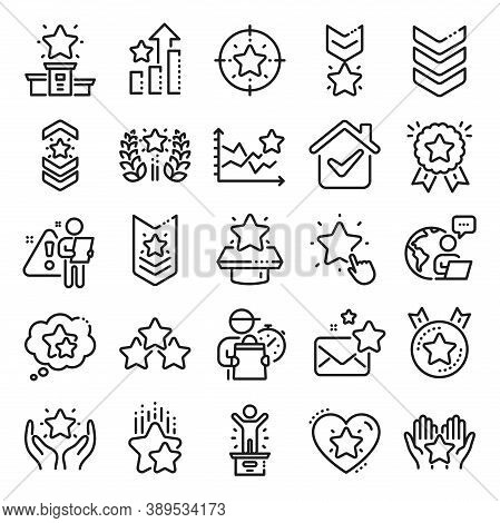 Ranking Line Icons. First Place, Star Rating And Winner Medal. Shoulder Strap, Army Achievement And 