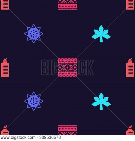 Set Chestnut Leaf, Sunflower, Ukrainian Ethnic Pattern And Two Towers Dnipro On Seamless Pattern. Ve
