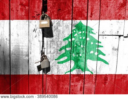 Lebanon Flag Is On Texture. Template. Coronavirus Pandemic. Countries May Be Closed. Locks.