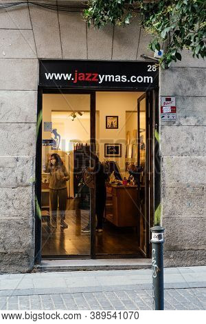 Madrid, Spain - 26 September 2020: Jazzymas Record Store In Malasana Quarter Of Madrid. Malasana Is 