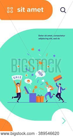 Customers Celebrating Sale. People Holding Gift, Credit Card, Loudspeaker, Dancing, Having Fun. Vect