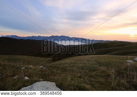 Sunrise At Mount Pizzoc In Italy. High Quality Photo