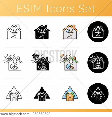 Transitional Housing Icons Set. Temporary Tent Accommodation. Women Shelter. Domestic Violence Victi
