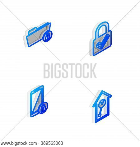Set Isometric Line Lock And Check Mark, Folder Lock, Smartphone With And Retro Wall Watch Icon. Vect